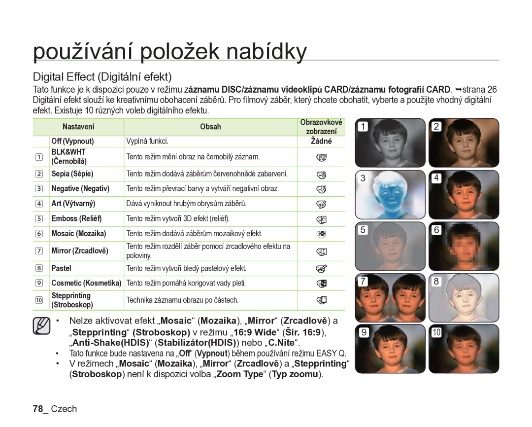 Samsung VP-DX205/EDC, VP-DX200/EDC manual Digital Effect Digitální efekt 