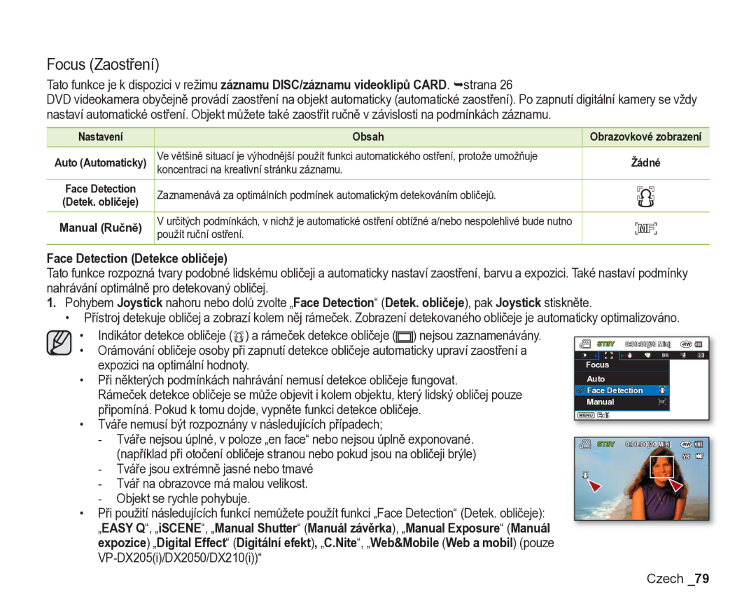 Samsung VP-DX200/EDC manual Focus Zaostření, Face Detection Detekce obličeje, Koncentraci na kreativní stránku záznamu 