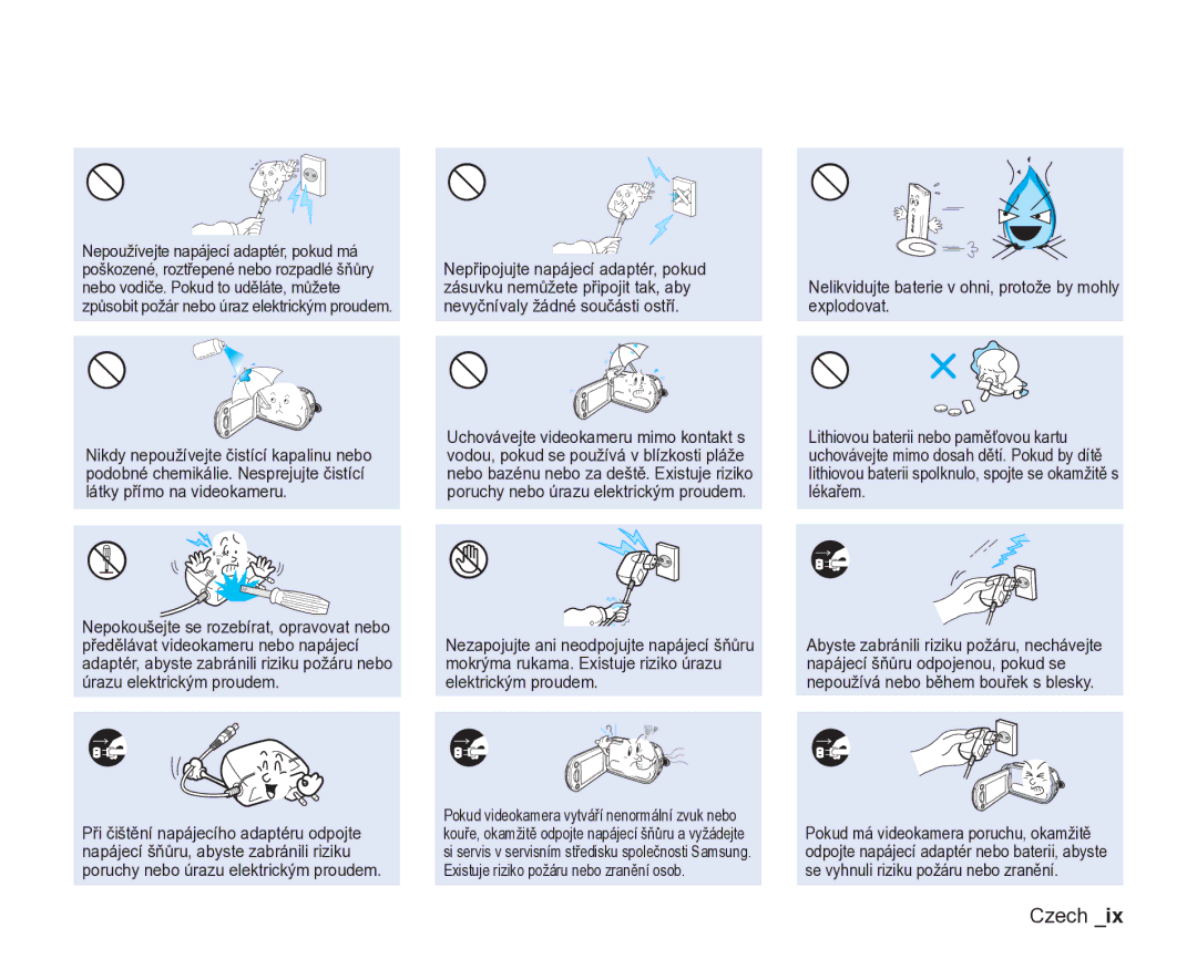 Samsung VP-DX200/EDC, VP-DX205/EDC manual Nelikvidujte baterie v ohni, protože by mohly explodovat 