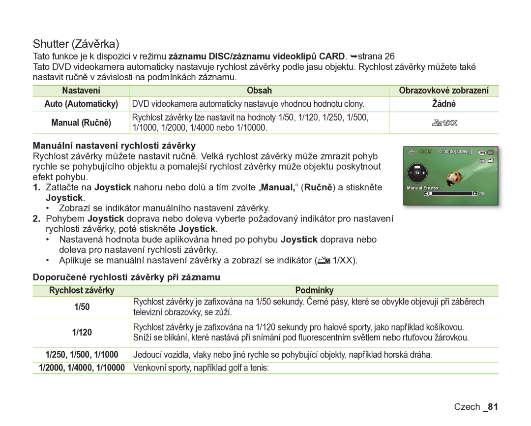 Samsung VP-DX200/EDC manual Shutter Závěrka, 1000, 1/2000, 1/4000 nebo 1/10000, Manuální nastavení rychlosti závěrky 