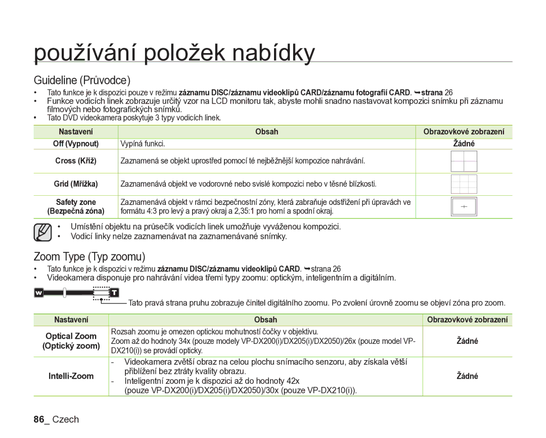 Samsung VP-DX205/EDC, VP-DX200/EDC manual Guideline Průvodce, Zoom Type Typ zoomu 