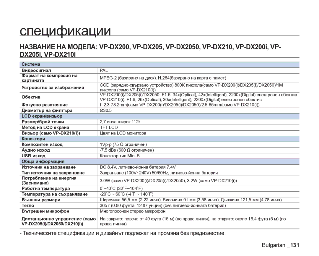 Samsung VP-DX205/EDC manual Спецификации 