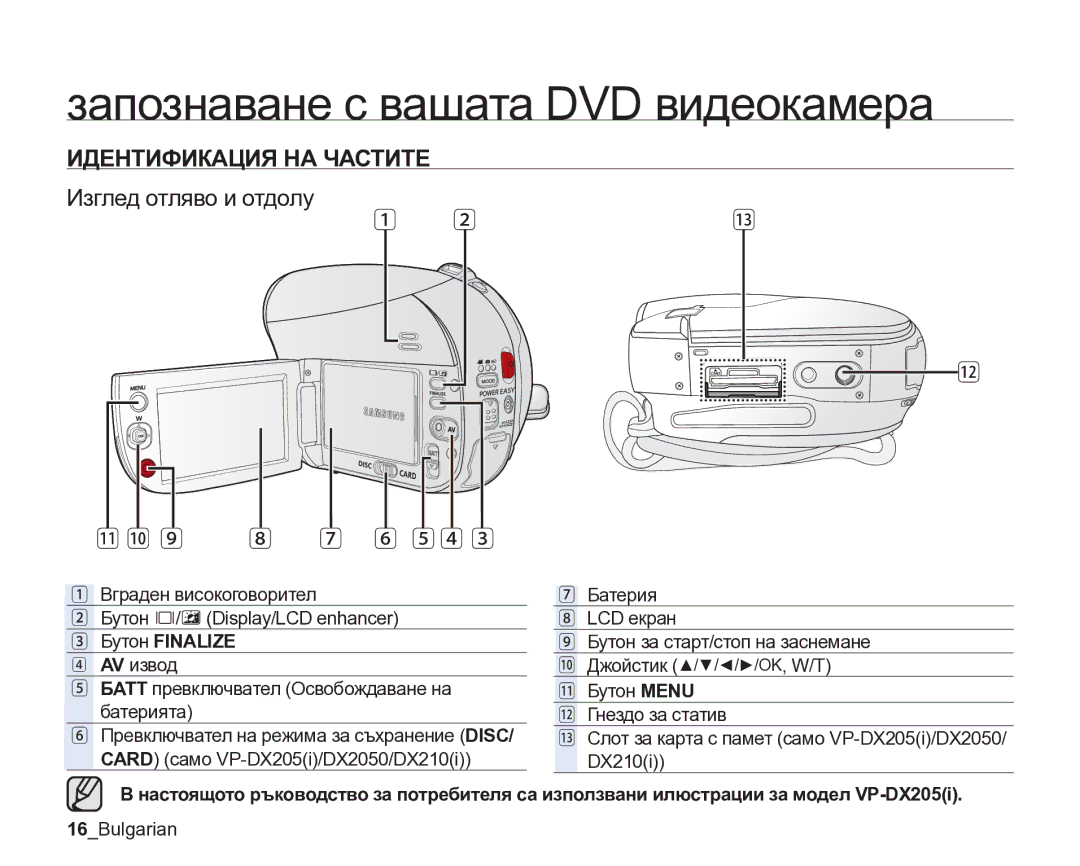 Samsung VP-DX205/EDC manual Изглед отляво и отдолу, Батерия LCD екран, 16Bulgarian 