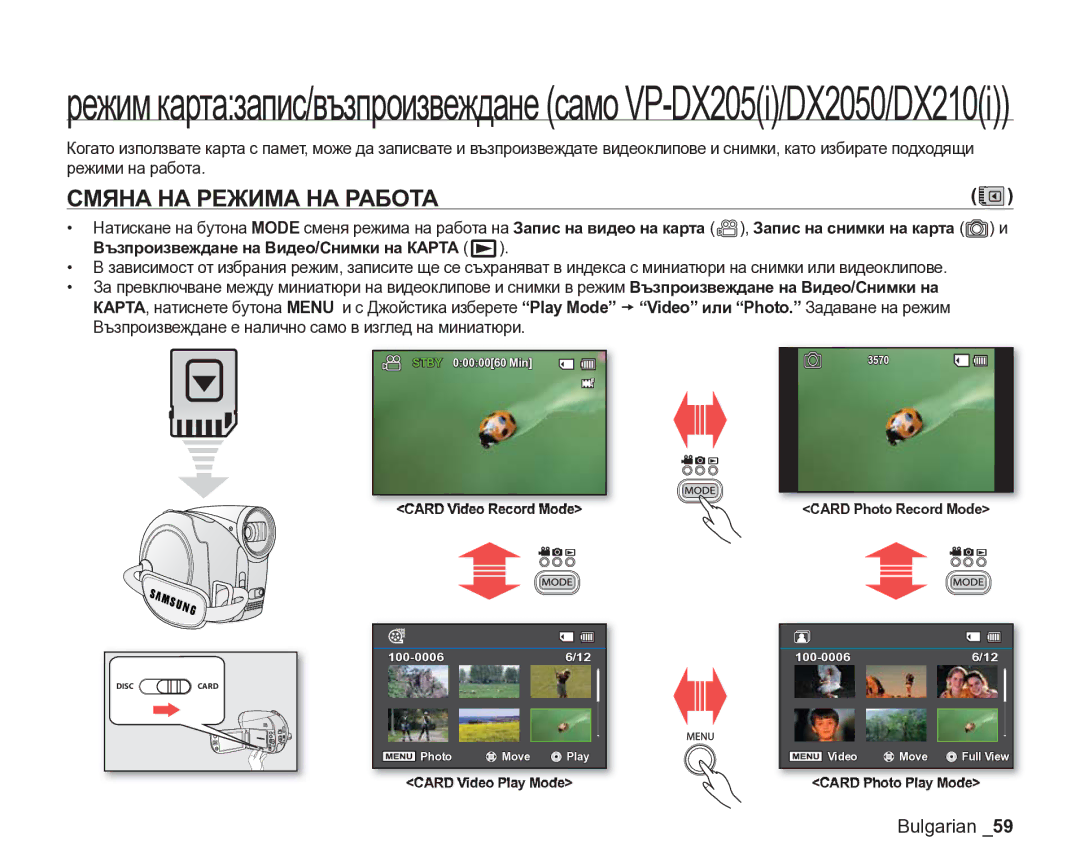 Samsung VP-DX205/EDC manual Смяна НА Режима НА Работа, Възпроизвеждане на Видео/Снимки на Карта 