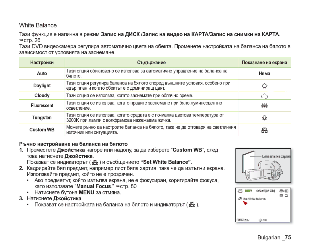 Samsung VP-DX205/EDC manual Ръчно настройване на баланса на бялото, Настройки Съдържание, Показване на екрана, Auto, Няма 