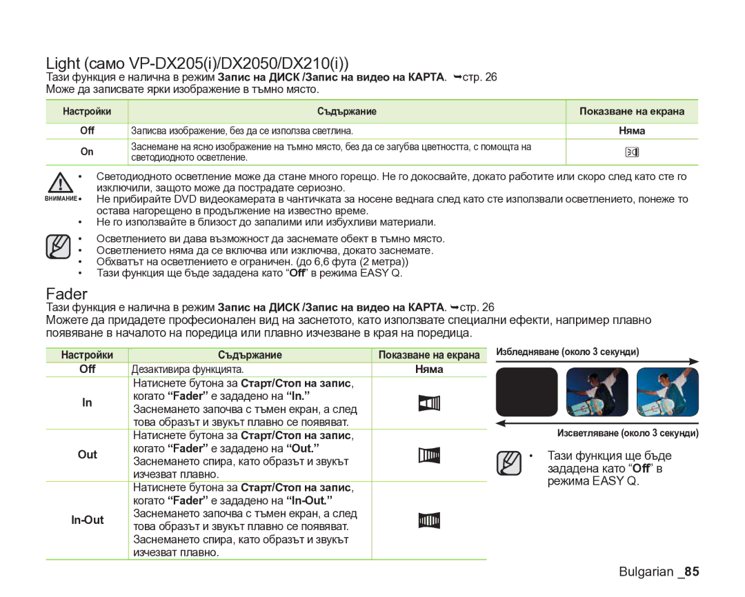 Samsung VP-DX205/EDC manual Light само VP-DX205i/DX2050/DX210i, Fader 