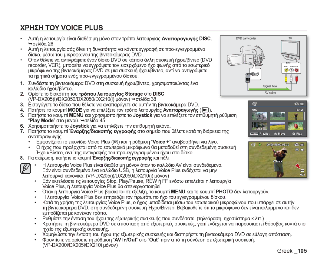 Samsung VP-DX205/EDC manual Χρηση ΤΟΥ Voice Plus, Ορίστε το διακόπτη του τρόπου λειτουργίας Storage στο Disc 