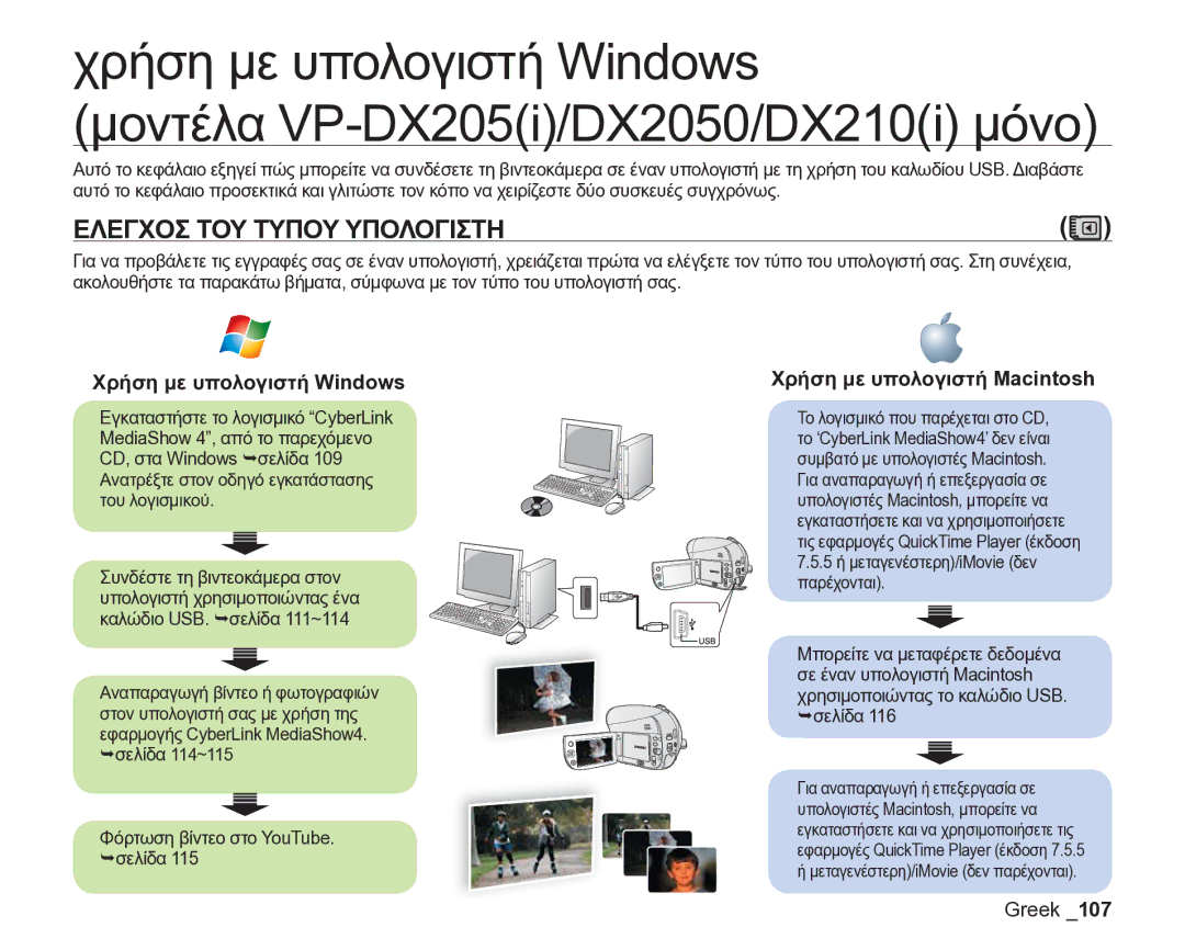 Samsung VP-DX205/EDC manual Ελεγχοσ ΤΟΥ Τυπου Υπολογιστη, Χρήση με υπολογιστή Windows 