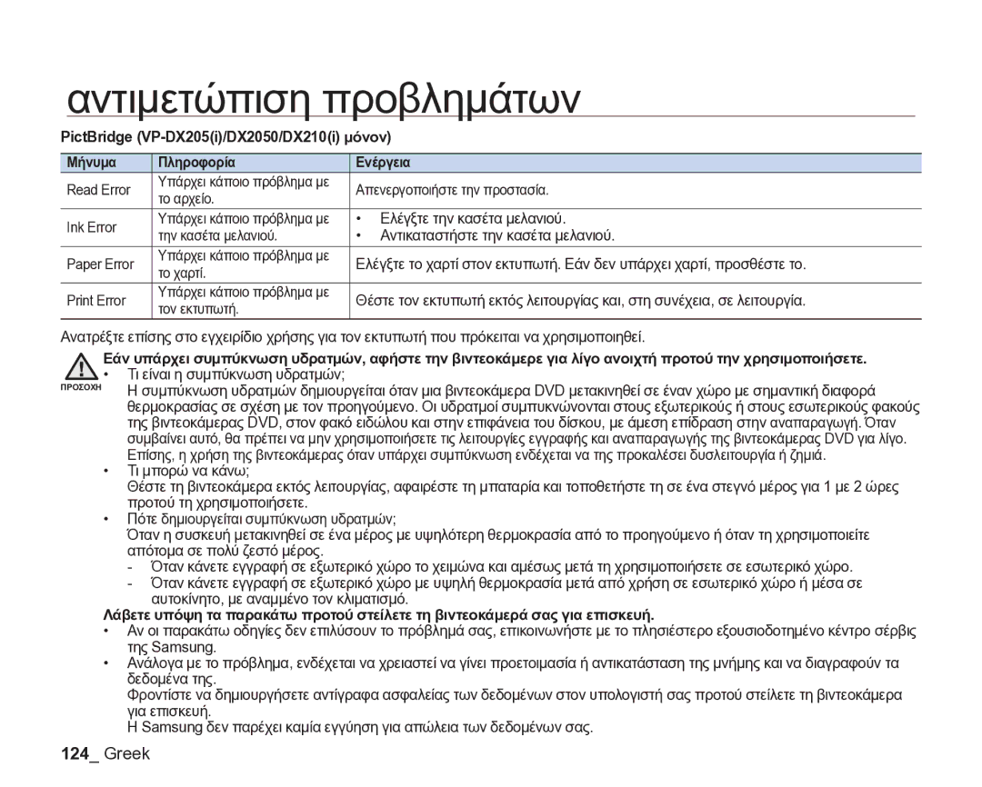 Samsung VP-DX205/EDC manual Read Error, Απενεργοποιήστε την προστασία, Το αρχείο, Ink Error, Ελέγξτε την κασέτα μελανιού 