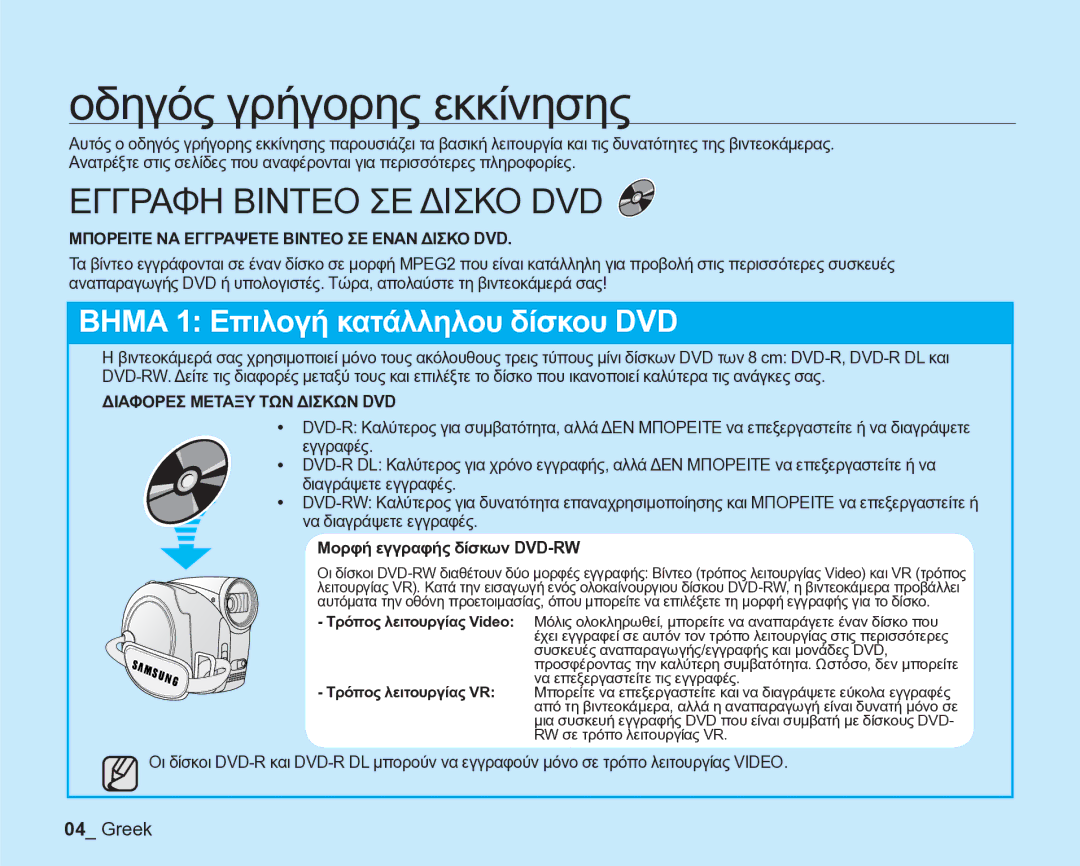 Samsung VP-DX205/EDC manual Οδηγός γρήγορης εκκίνησης, Μπορειτε ΝΑ Εγγραψετε Βιντεο ΣΕ Εναν Δισκο DVD 