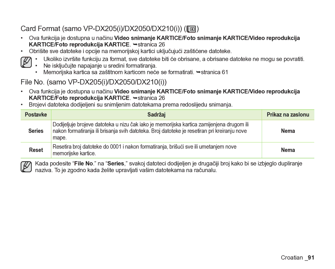 Samsung VP-DX205/EDC manual Card Format samo VP-DX205i/DX2050/DX210i, File No. samo VP-DX205i/DX2050/DX210i, Mape, Postavke 