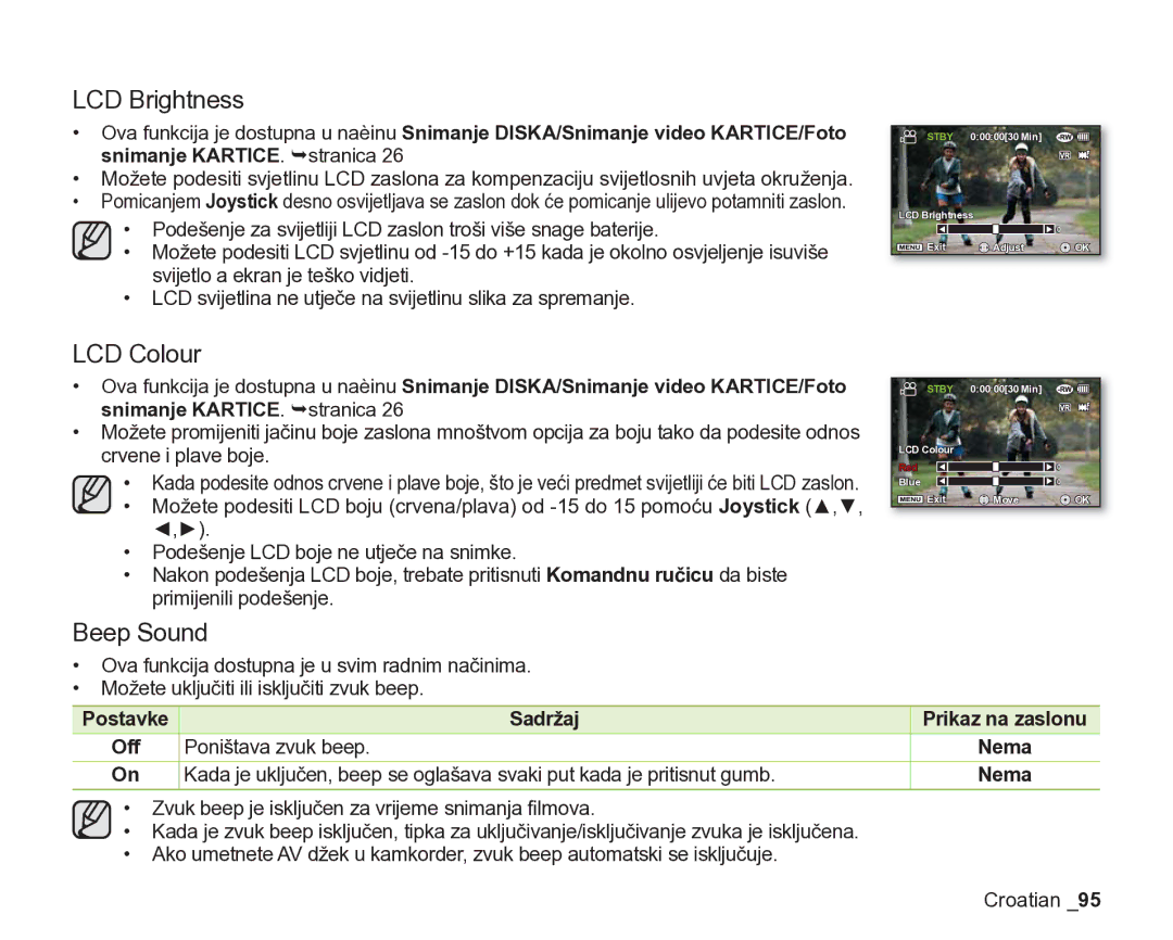 Samsung VP-DX205/EDC manual LCD Brightness, LCD Colour, Beep Sound, Poništava zvuk beep 