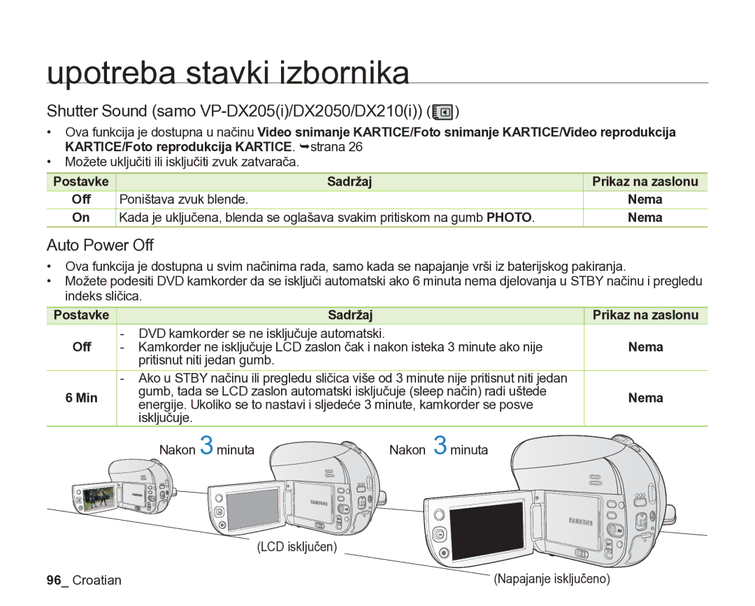 Samsung VP-DX205/EDC manual Shutter Sound samo VP-DX205i/DX2050/DX210i, Auto Power Off, Poništava zvuk blende, Min 