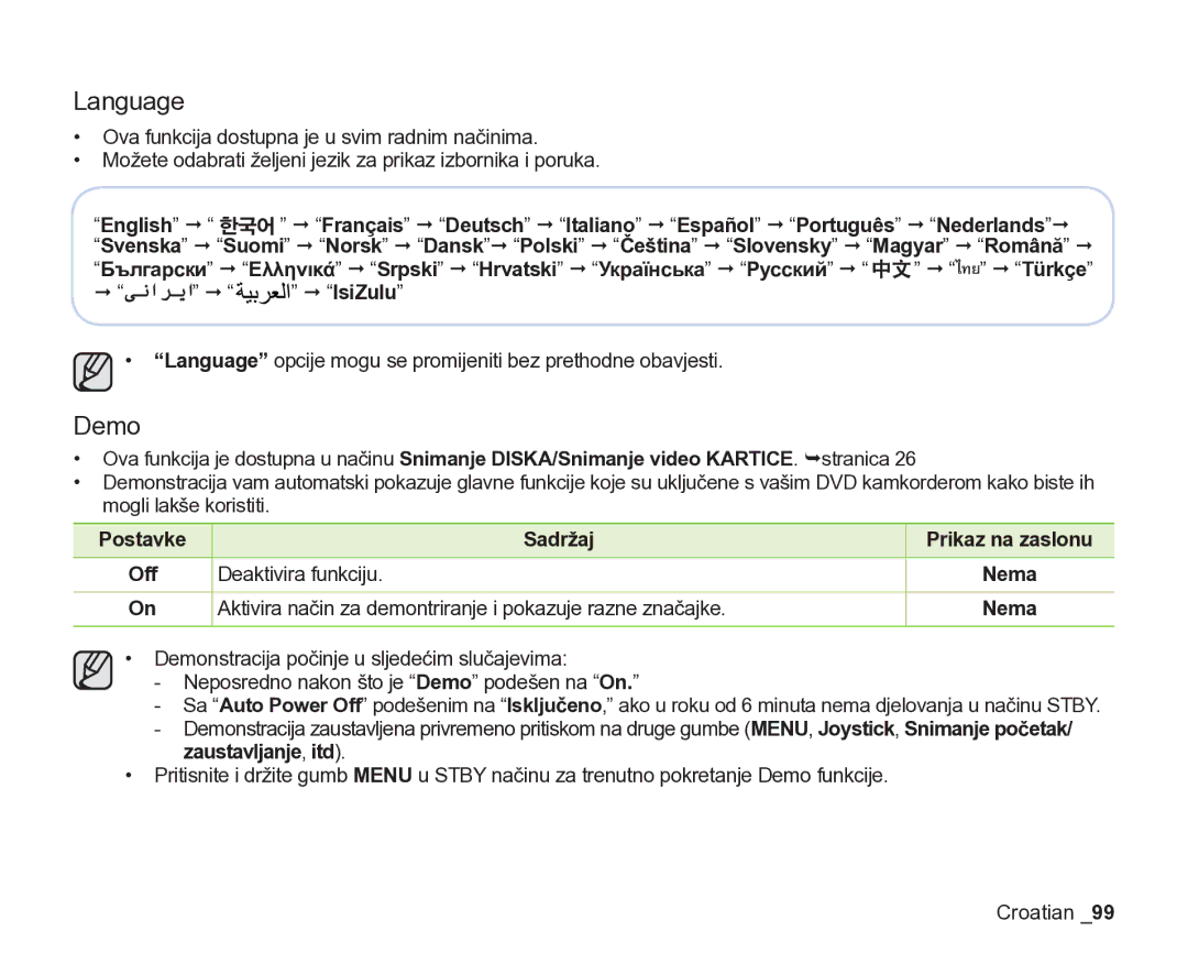 Samsung VP-DX205/EDC manual Language, Demo, Postavke Sadržaj Prikaz na zaslonu 