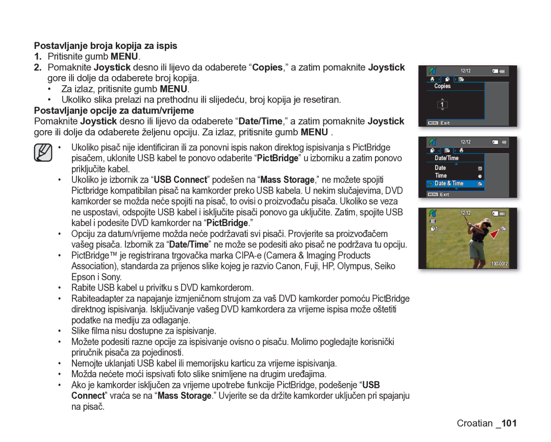 Samsung VP-DX205/EDC manual Postavljanje broja kopija za ispis, Postavljanje opcije za datum/vrijeme 