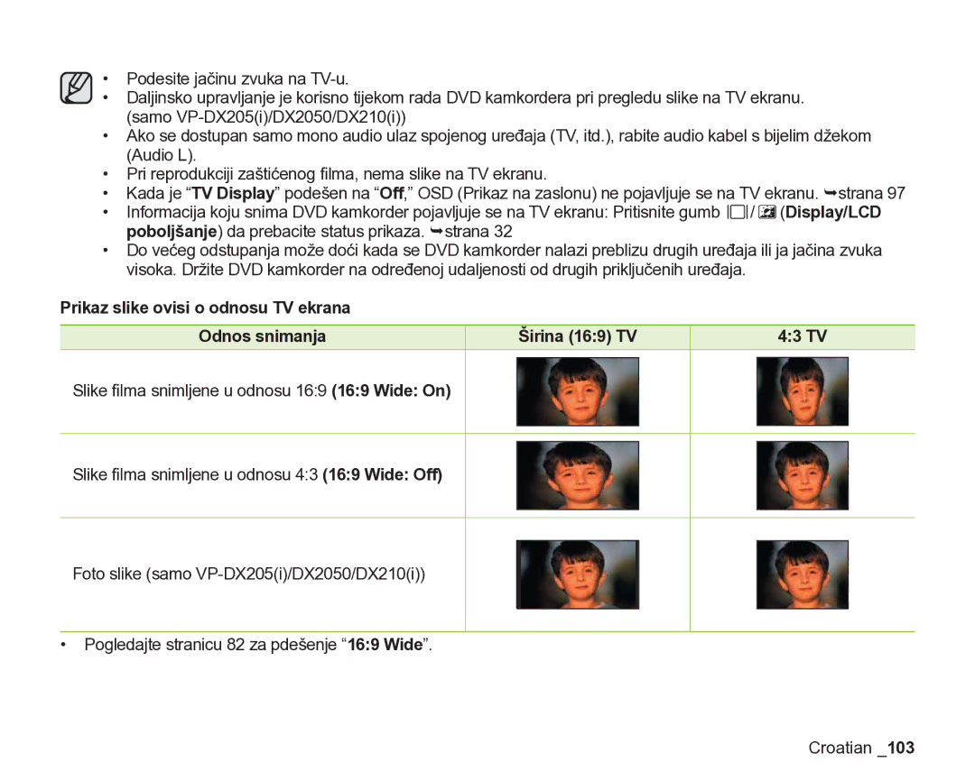 Samsung VP-DX205/EDC manual Prikaz slike ovisi o odnosu TV ekrana Odnos snimanja, 43 TV, Širina 169 TV 