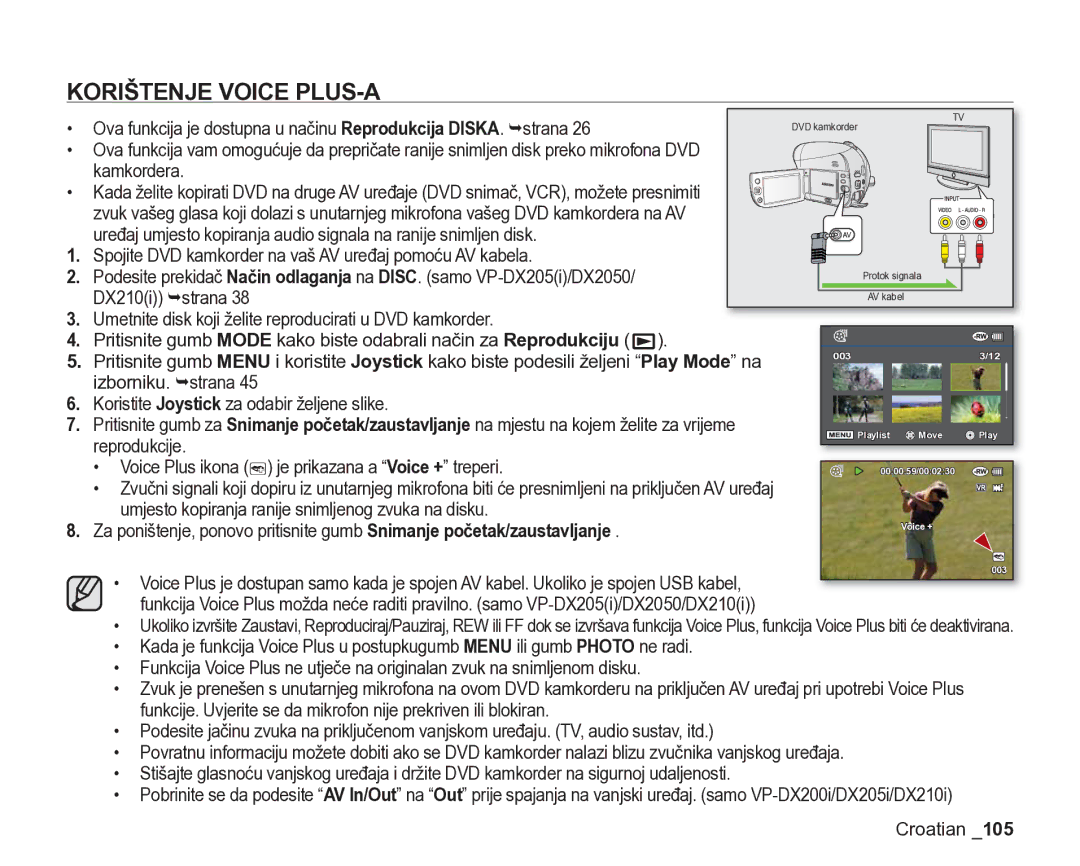 Samsung VP-DX205/EDC manual Korištenje Voice PLUS-A, Kamkordera 