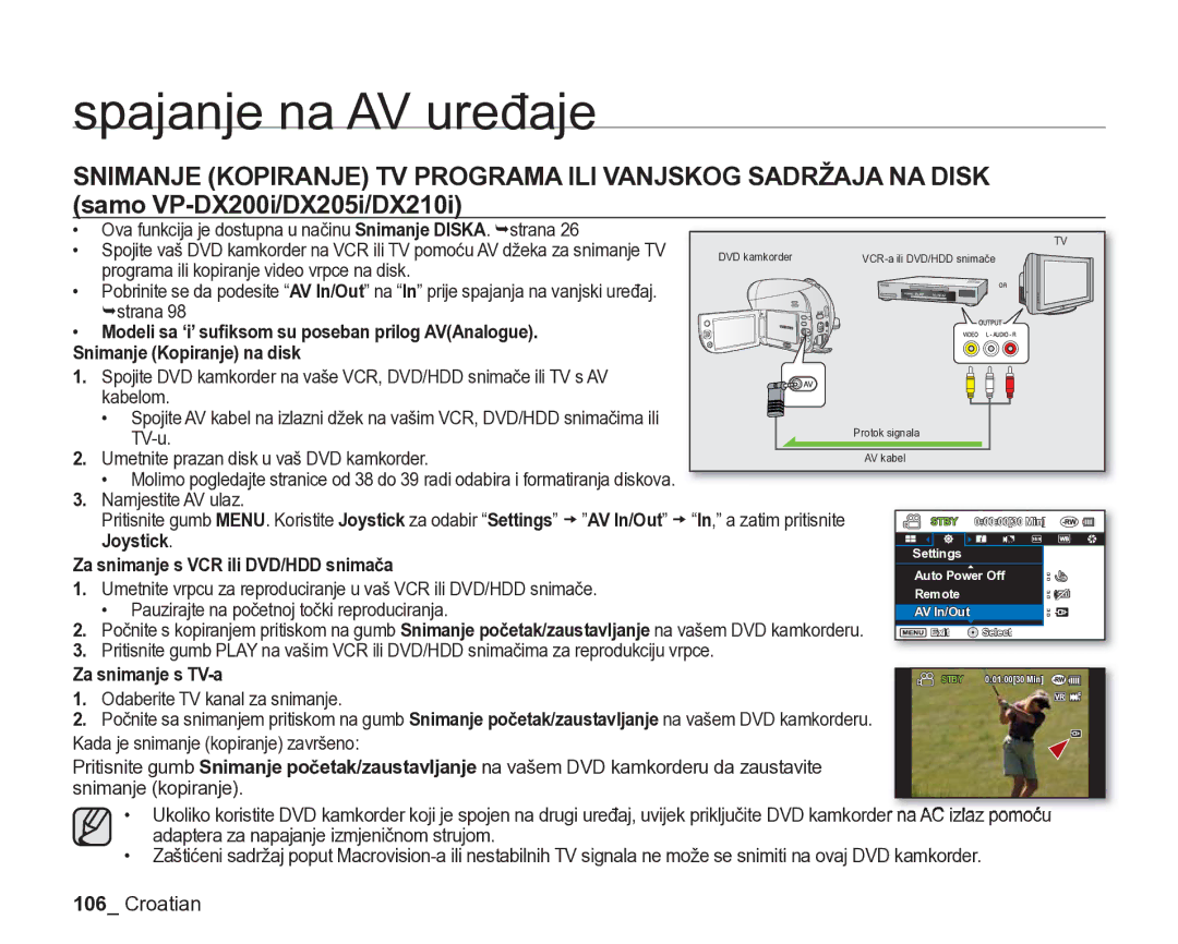 Samsung VP-DX205/EDC manual Joystick, Za snimanje s VCR ili DVD/HDD snimača, Za snimanje s TV-a 