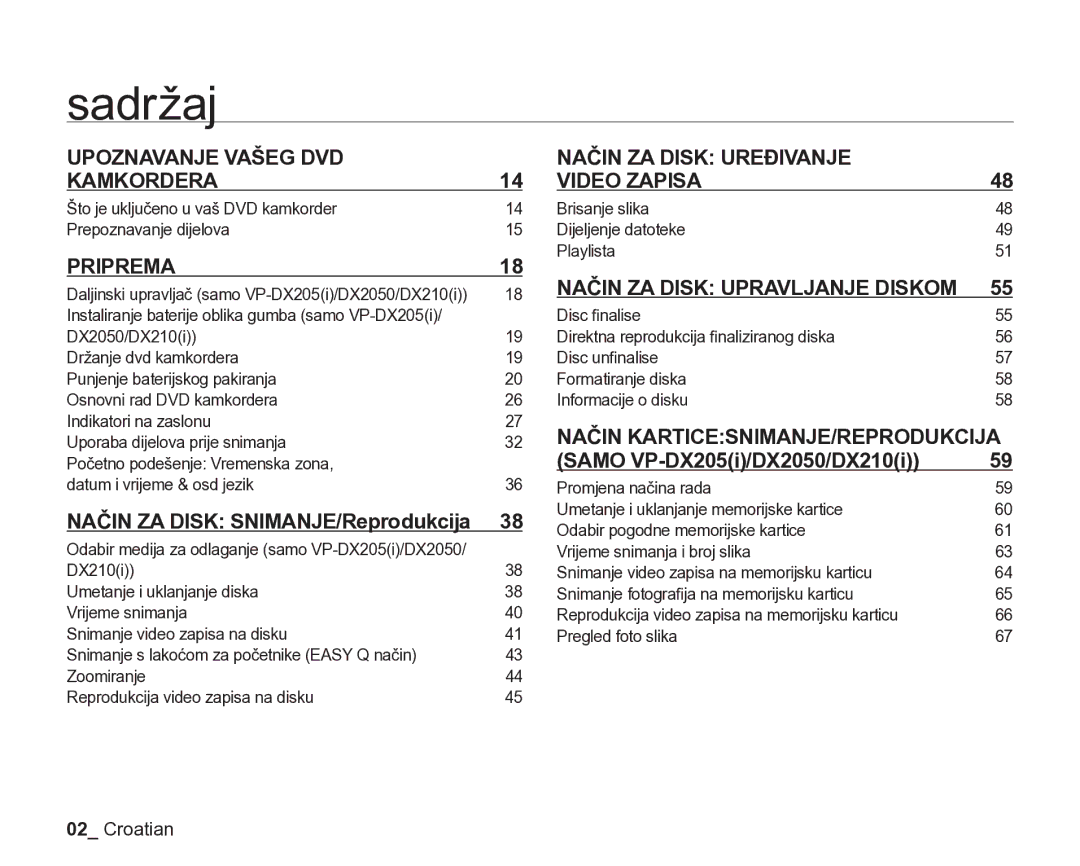 Samsung VP-DX205/EDC manual Sadržaj, Playlista, Datum i vrijeme & osd jezik Promjena načina rada 