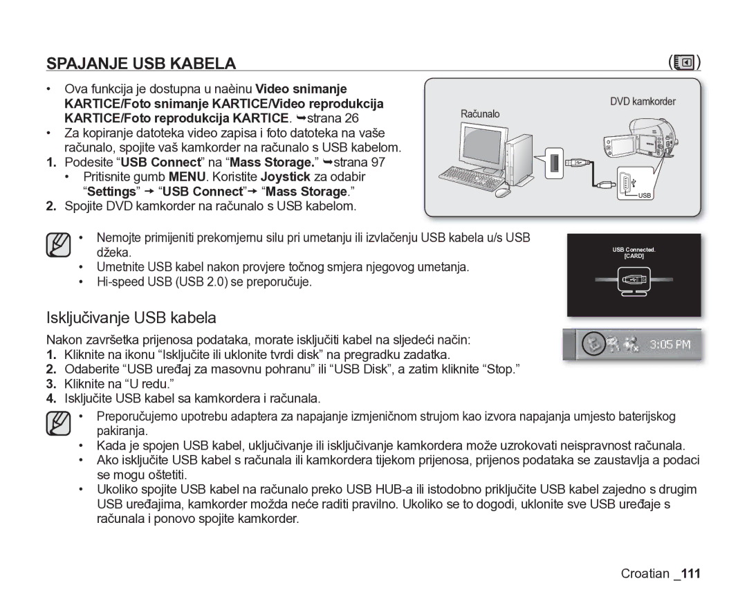 Samsung VP-DX205/EDC manual Spajanje USB Kabela, Isključivanje USB kabela, KARTICE/Foto snimanje KARTICE/Video reprodukcija 