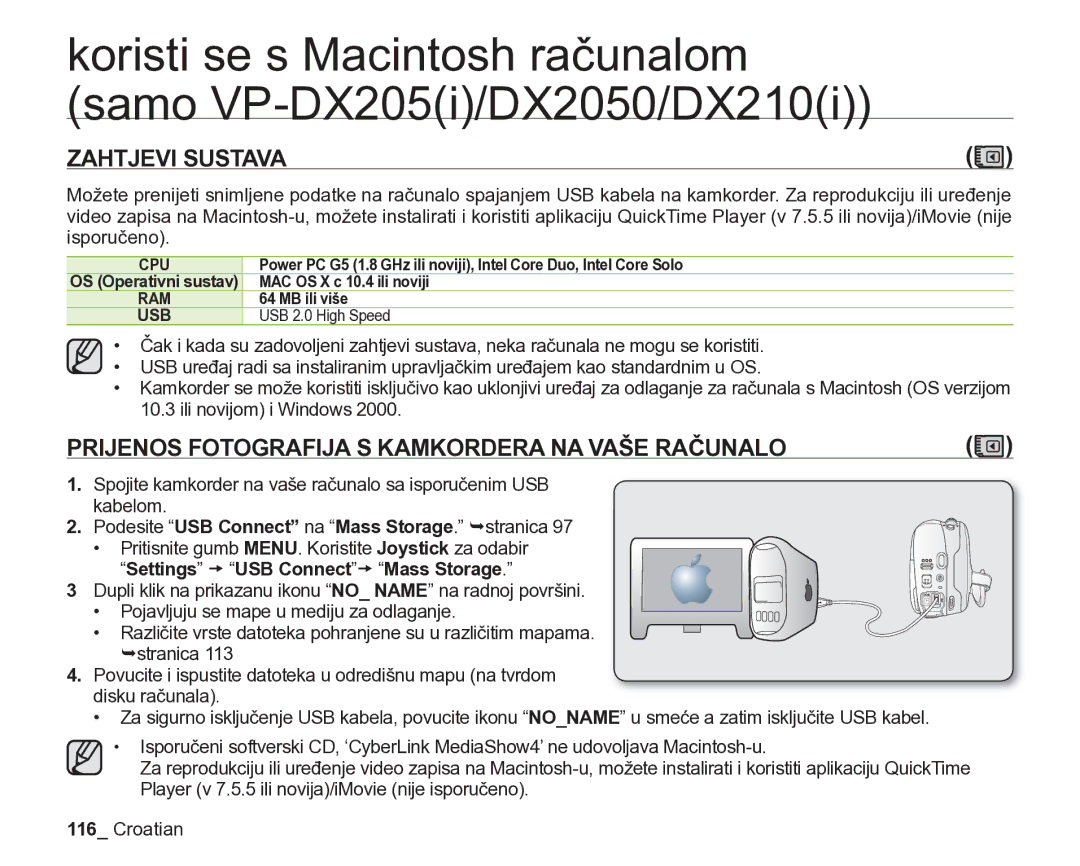 Samsung VP-DX205/EDC Prijenos Fotografija S Kamkordera NA Vaše Računalo, Podesite USB Connect na Mass Storage. ¬stranica 