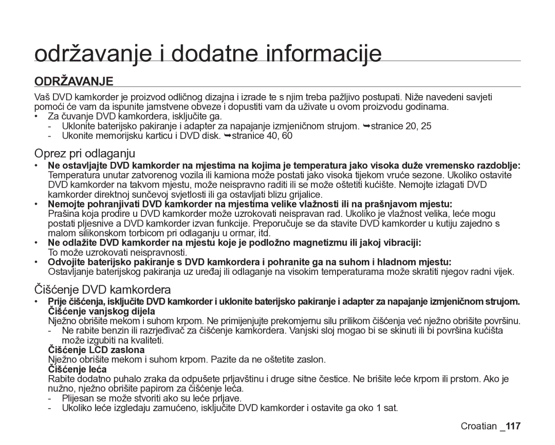 Samsung VP-DX205/EDC manual Održavanje i dodatne informacije, Oprez pri odlaganju, Čišćenje DVD kamkordera 