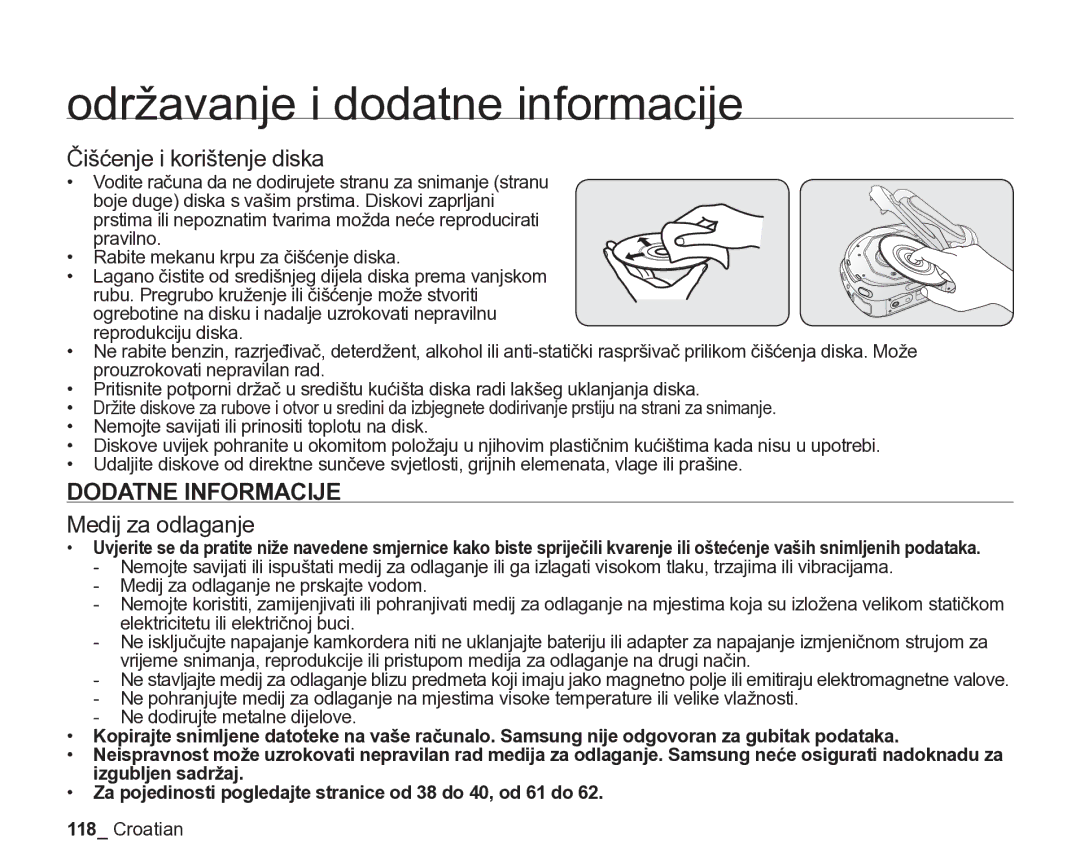 Samsung VP-DX205/EDC manual Čišćenje i korištenje diska, Dodatne Informacije, Medij za odlaganje 