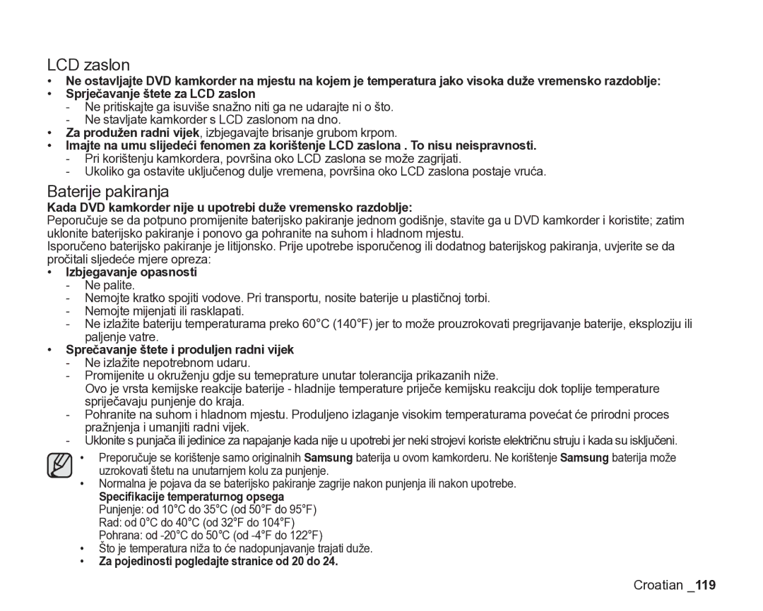 Samsung VP-DX205/EDC manual LCD zaslon, Baterije pakiranja 