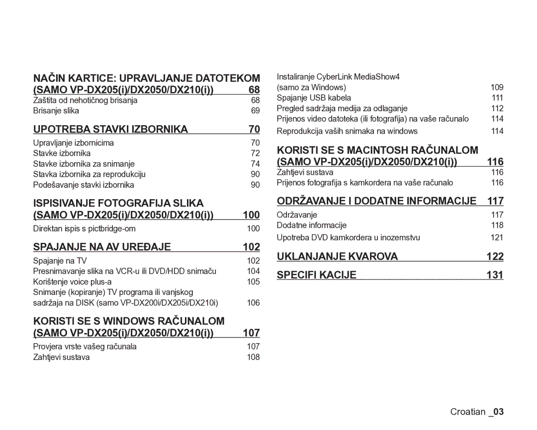 Samsung VP-DX205/EDC manual Zaštita od nehotičnog brisanja Brisanje slika, Direktan ispis s pictbridge-om 100 