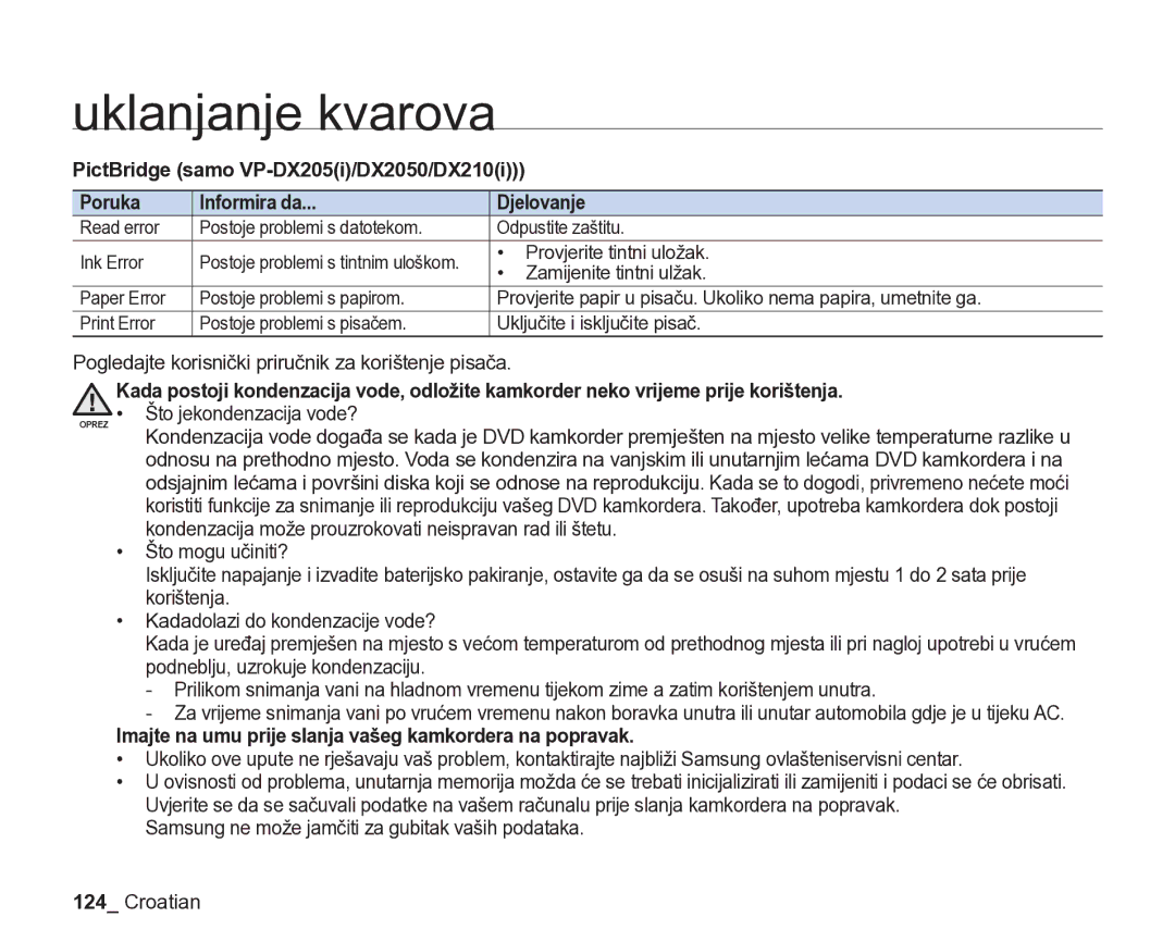 Samsung VP-DX205/EDC manual PictBridge samo VP-DX205i/DX2050/DX210i, Poruka Informira da Djelovanje 