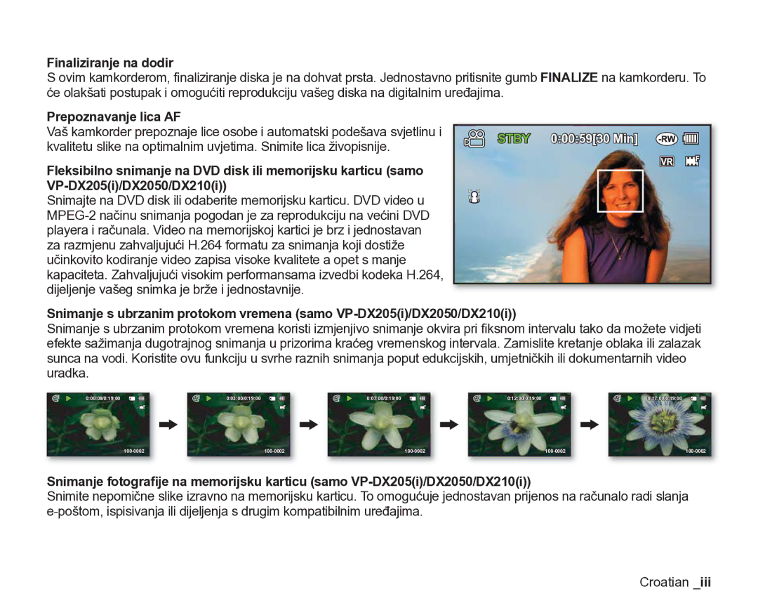 Samsung VP-DX205/EDC manual Finaliziranje na dodir, Prepoznavanje lica AF 