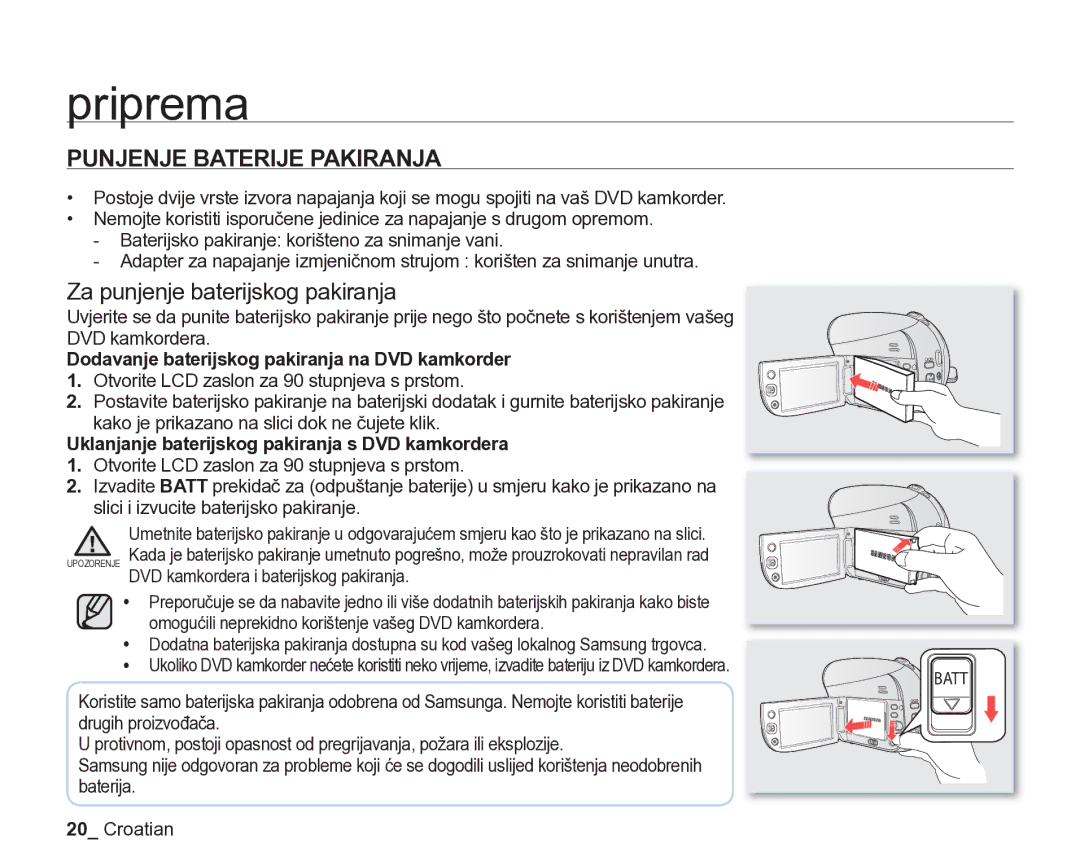 Samsung VP-DX205/EDC manual Punjenje Baterije Pakiranja, Za punjenje baterijskog pakiranja 