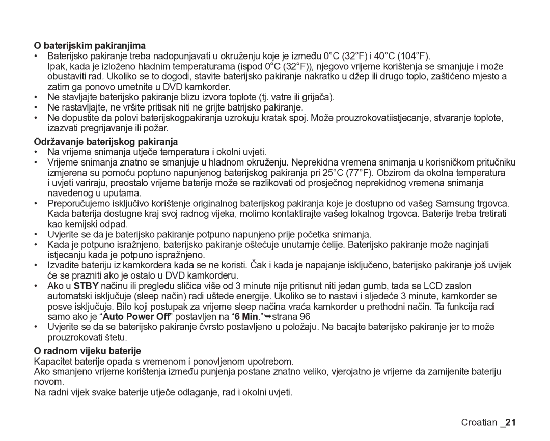 Samsung VP-DX205/EDC manual Baterijskim pakiranjima, Održavanje baterijskog pakiranja, Radnom vijeku baterije 