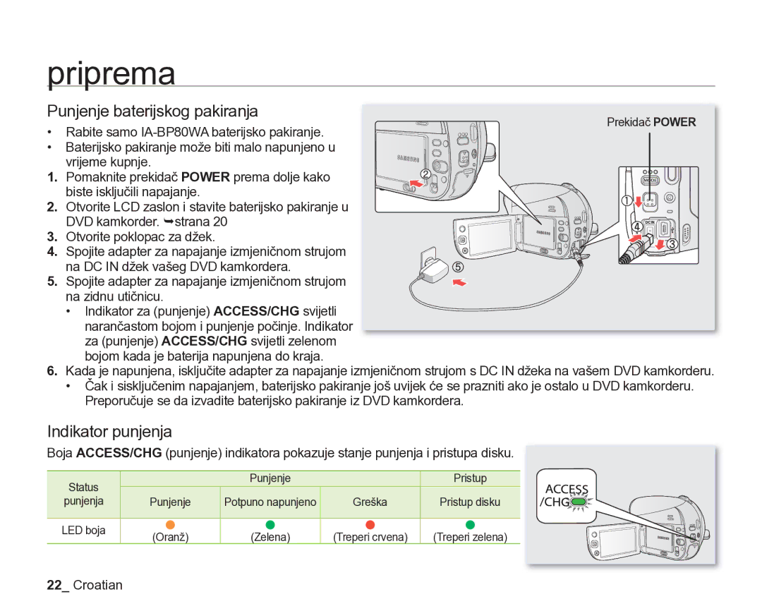 Samsung VP-DX205/EDC manual Punjenje baterijskog pakiranja, Indikator punjenja, Status Punjenje Pristup 