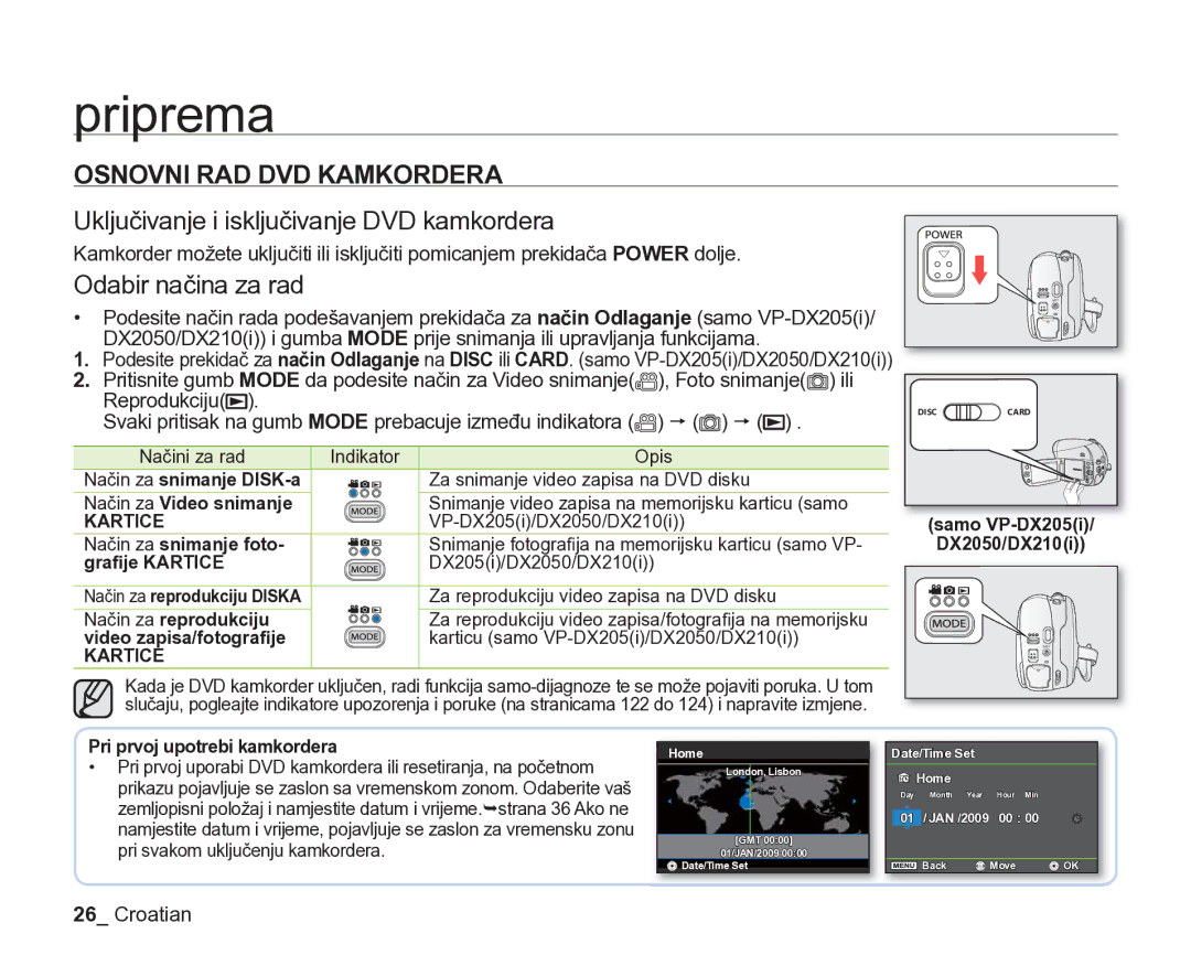 Samsung VP-DX205/EDC manual Osnovni RAD DVD Kamkordera, Uključivanje i isključivanje DVD kamkordera, Odabir načina za rad 