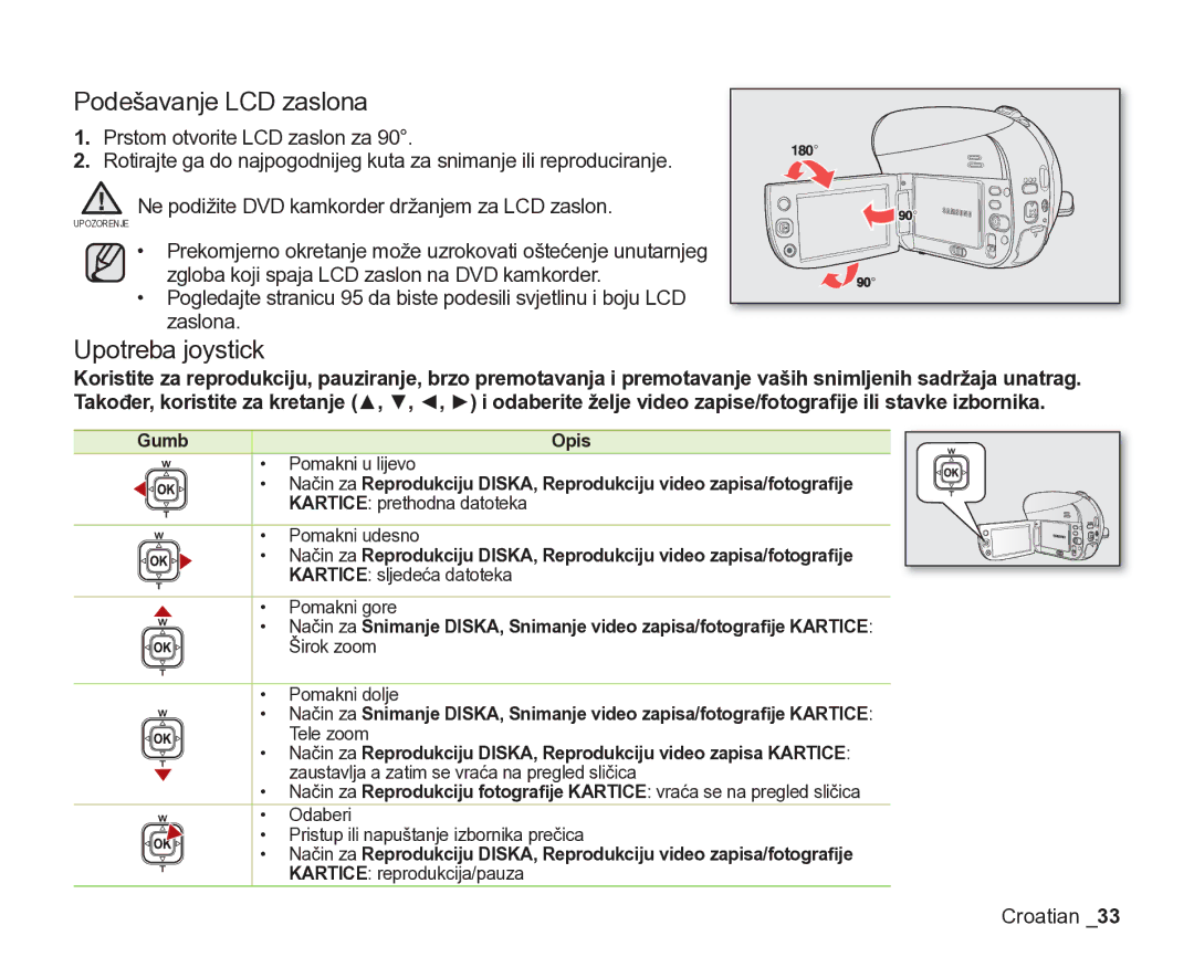 Samsung VP-DX205/EDC manual Podešavanje LCD zaslona, Upotreba joystick, Gumb Opis 