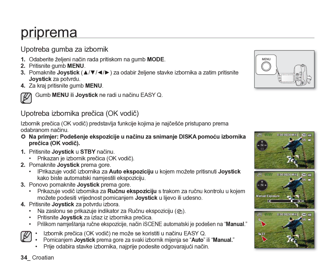 Samsung VP-DX205/EDC manual Upotreba gumba za izbornik, Upotreba izbornika prečica OK vodič 