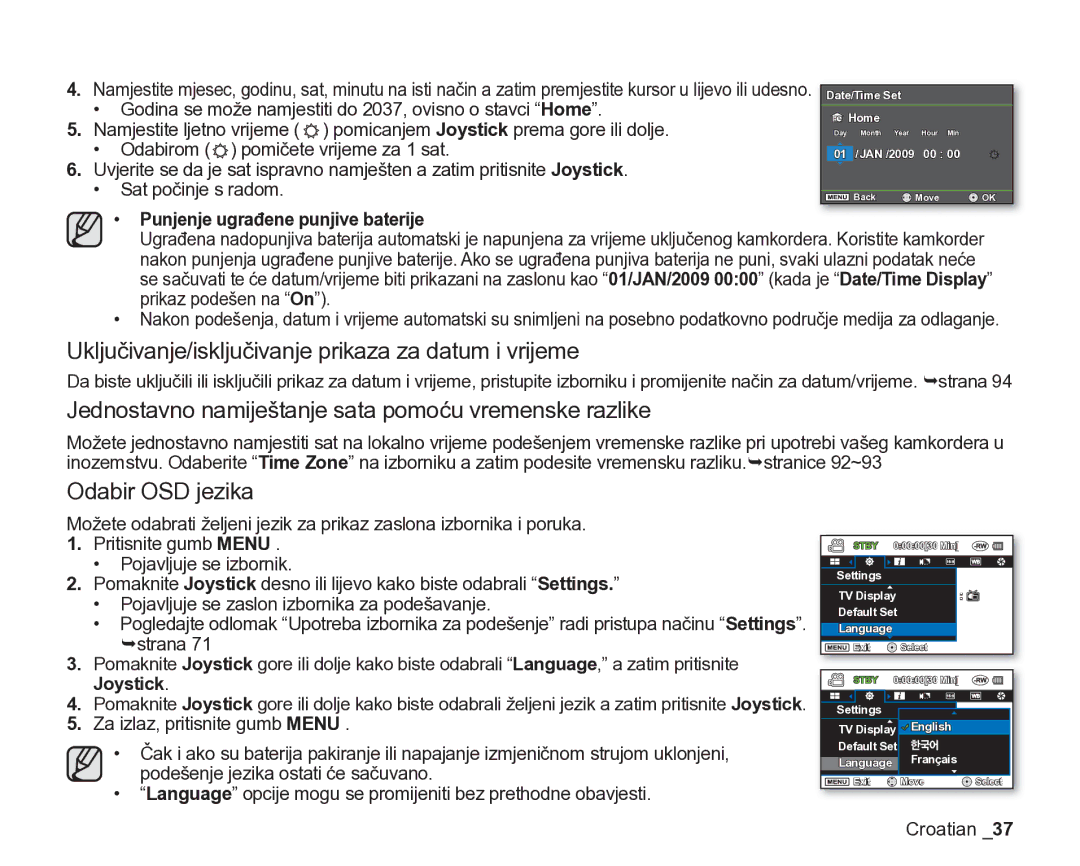 Samsung VP-DX205/EDC manual Uključivanje/isključivanje prikaza za datum i vrijeme, Odabir OSD jezika 