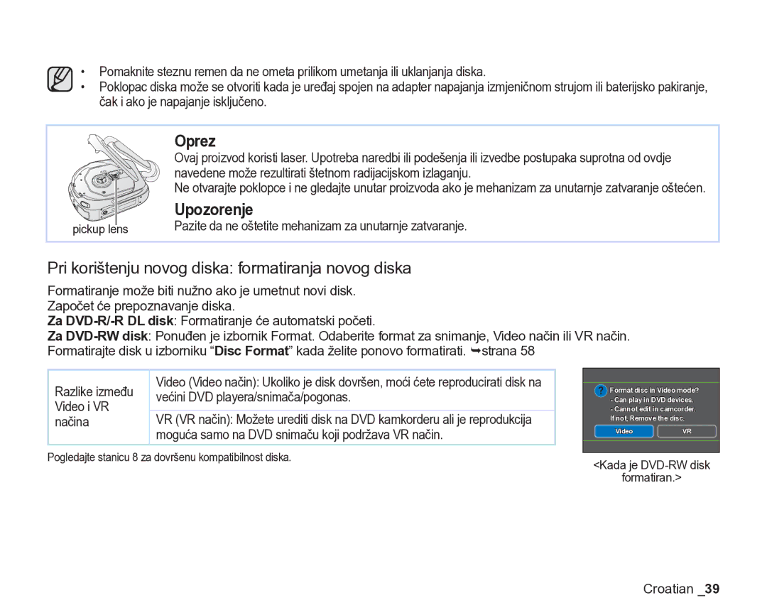 Samsung VP-DX205/EDC manual Pri korištenju novog diska formatiranja novog diska, Pickup lens 