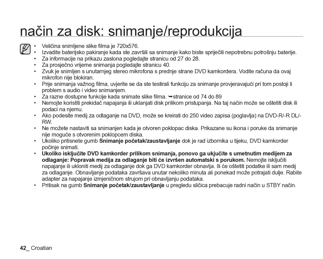 Samsung VP-DX205/EDC manual Način za disk snimanje/reprodukcija 