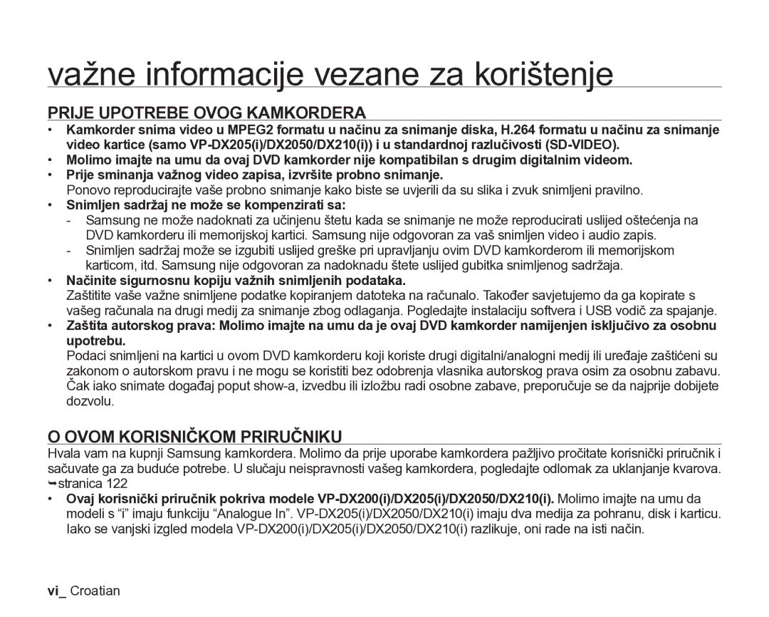 Samsung VP-DX205/EDC Važne informacije vezane za korištenje, Prije Upotrebe Ovog Kamkordera, Ovom Korisničkom Priručniku 