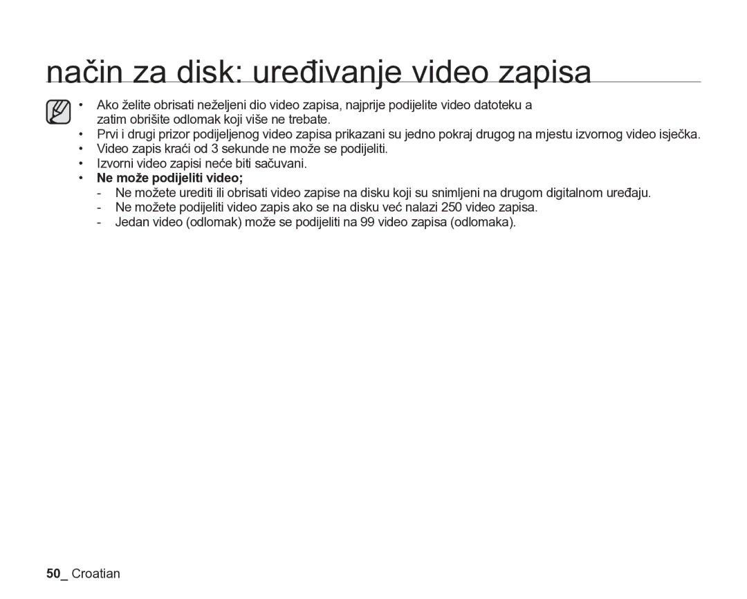 Samsung VP-DX205/EDC manual Ne može podijeliti video 