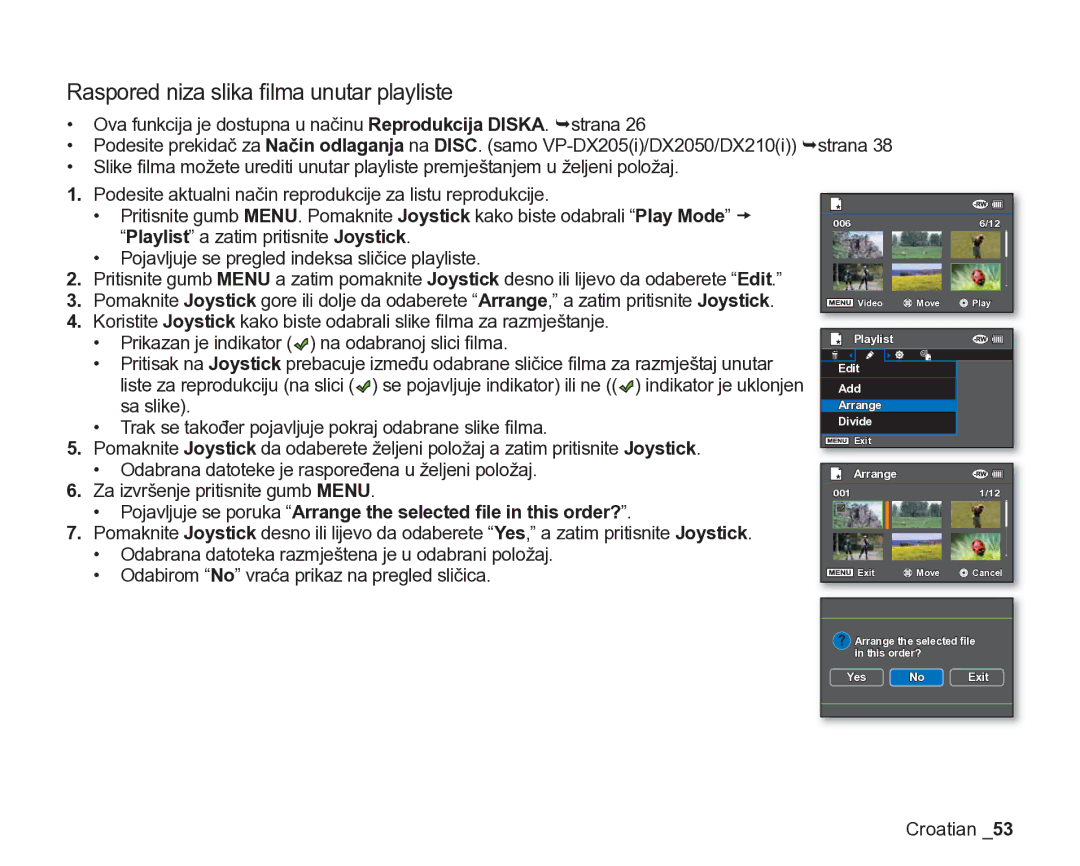 Samsung VP-DX205/EDC manual Raspored niza slika ﬁlma unutar playliste 