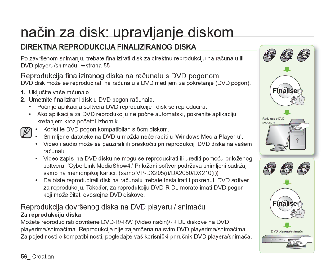 Samsung VP-DX205/EDC Direktna Reprodukcija Finaliziranog Diska, Reprodukcija ﬁnaliziranog diska na računalu s DVD pogonom 