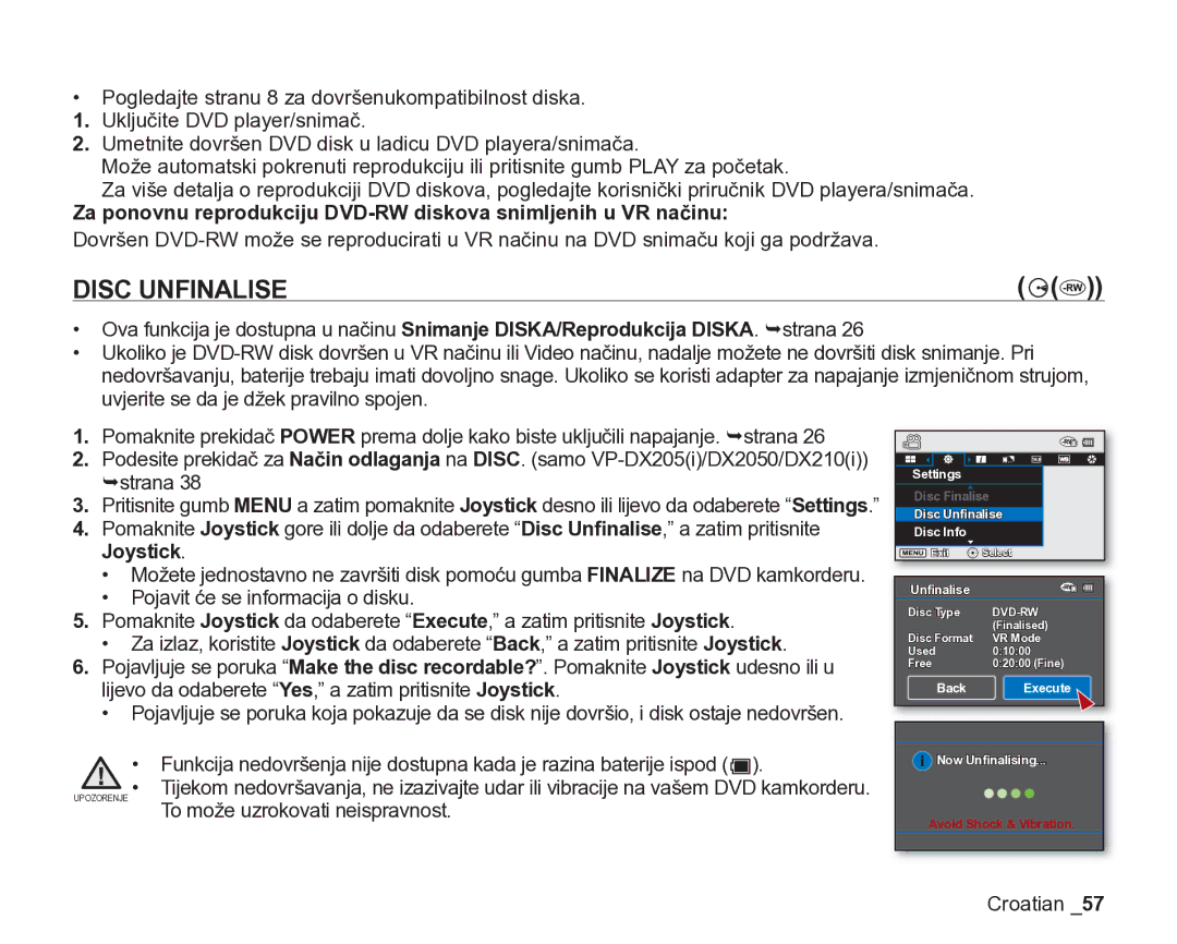 Samsung VP-DX205/EDC manual Disc Unfinalise 