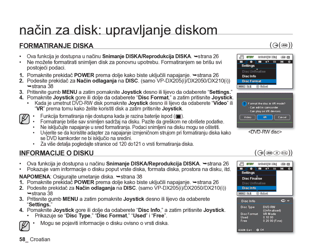 Samsung VP-DX205/EDC manual Formatiranje Diska, Informacije O Disku, DVD-RW disc 