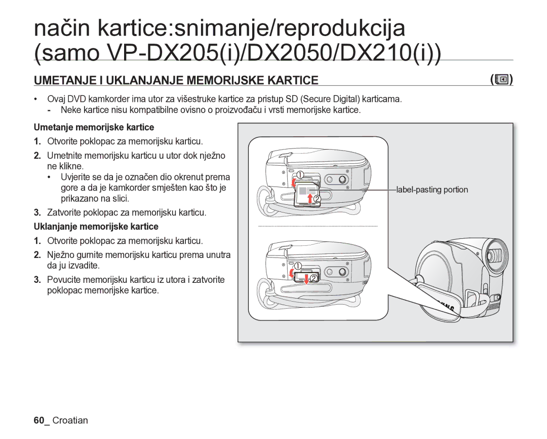 Samsung VP-DX205/EDC Umetanje I Uklanjanje Memorijske Kartice, Umetanje memorijske kartice, Uklanjanje memorijske kartice 