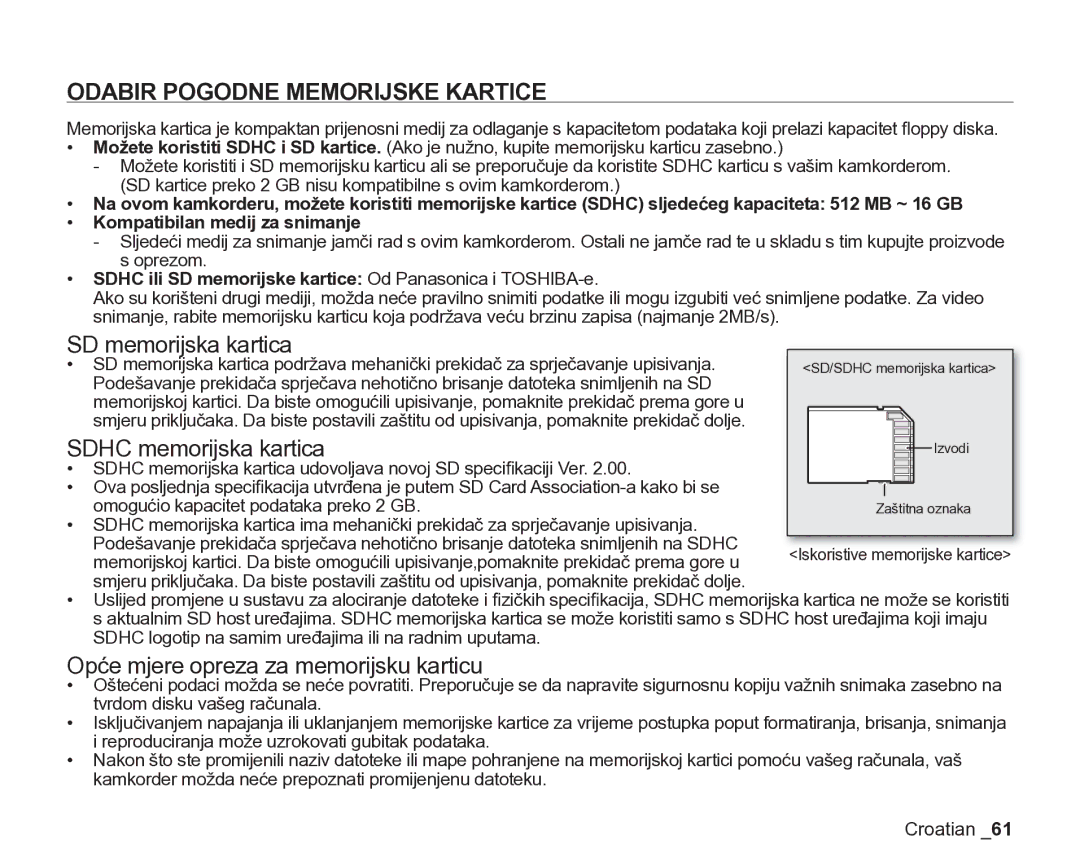 Samsung VP-DX205/EDC manual Odabir Pogodne Memorijske Kartice, SD memorijska kartica, Sdhc memorijska kartica 