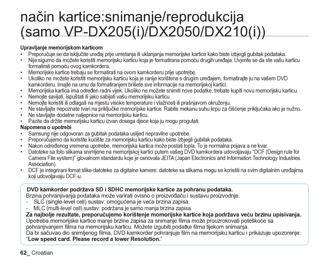 Samsung VP-DX205/EDC manual Upravljanje memorijskom karticom, Napomena o upotrebi 