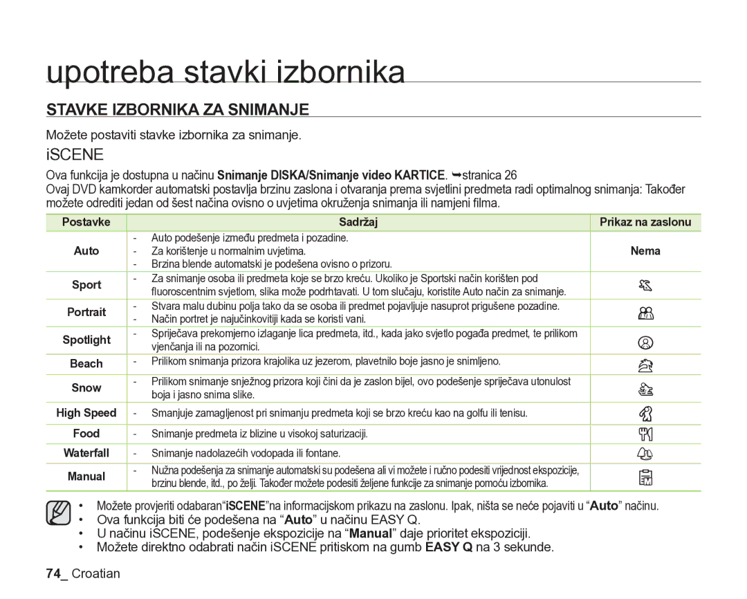 Samsung VP-DX205/EDC manual Stavke Izbornika ZA Snimanje, Iscene, Možete postaviti stavke izbornika za snimanje 